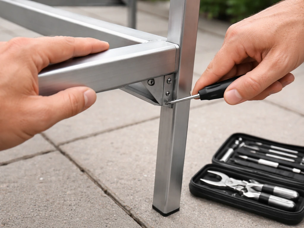Hands inspecting an aluminum patio chair frame joint and underside fasteners with a small screwdriver nearby.