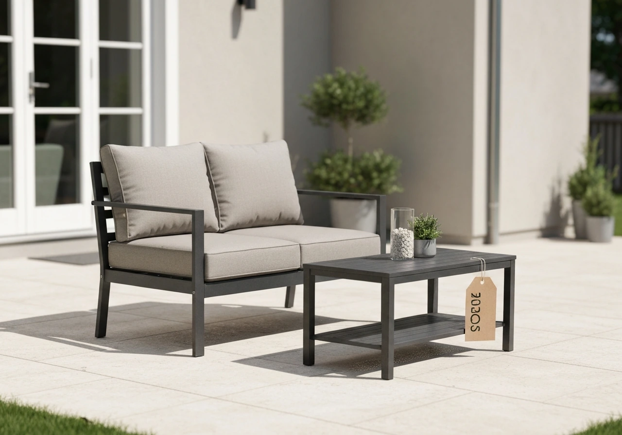 Bright patio with quality outdoor furniture and a visible sale tag showing discount deals.