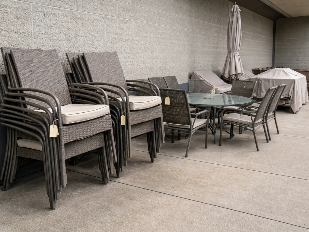 Minimal close view of end-of-season patio furniture clearance display with stacked chairs and discounted sets.