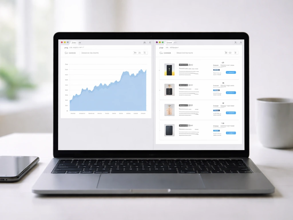 Laptop on desk with side-by-side browser panels showing an unlabeled price-history chart and shopping comparison.