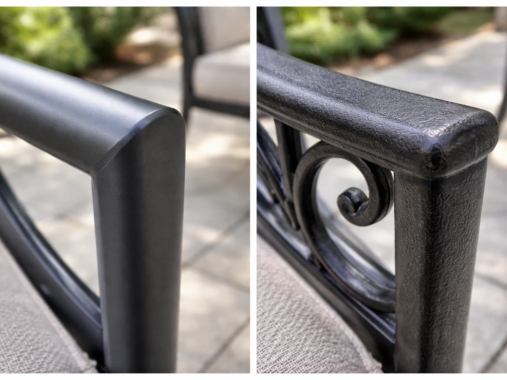 Close-up comparison of powder-coated aluminum and wrought iron patio furniture frames outdoors.