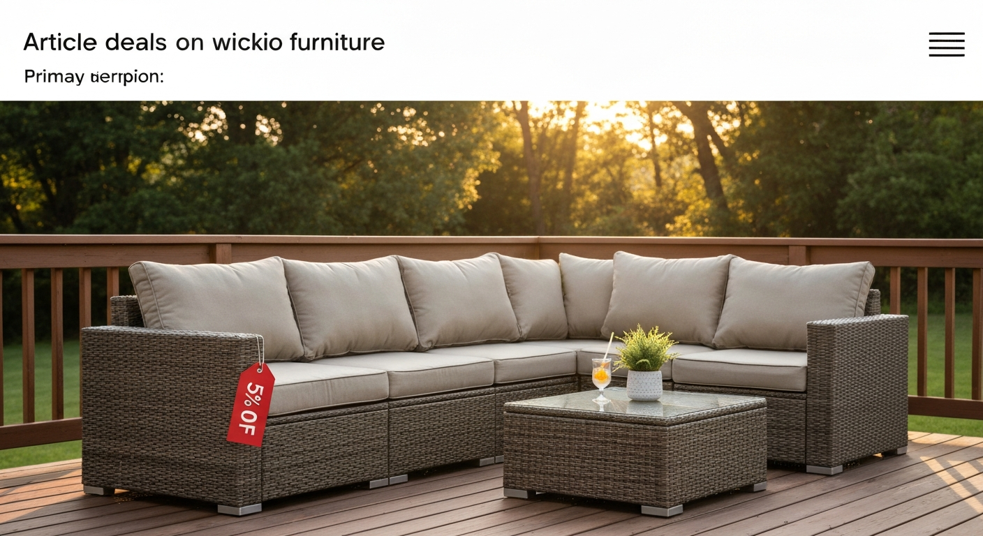 All-weather resin wicker patio sectional with neutral cushions on a wooden deck at golden-hour, small coffee table, and a red sale tag reading 50% OFF.