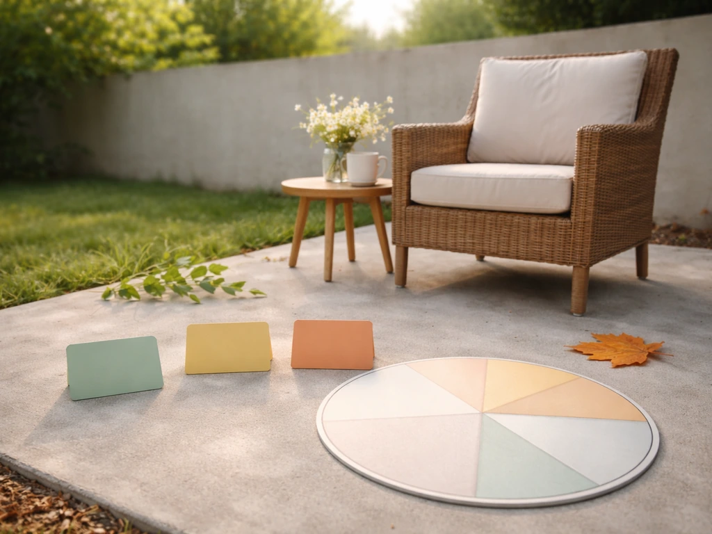 Minimal patio chair and side table with blank seasonal cards and an unlabeled calendar wheel nearby.