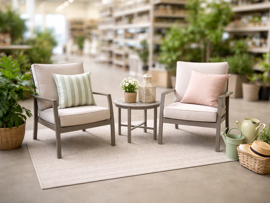 Outdoor patio furniture displayed at a home-improvement store during a spring promotion.