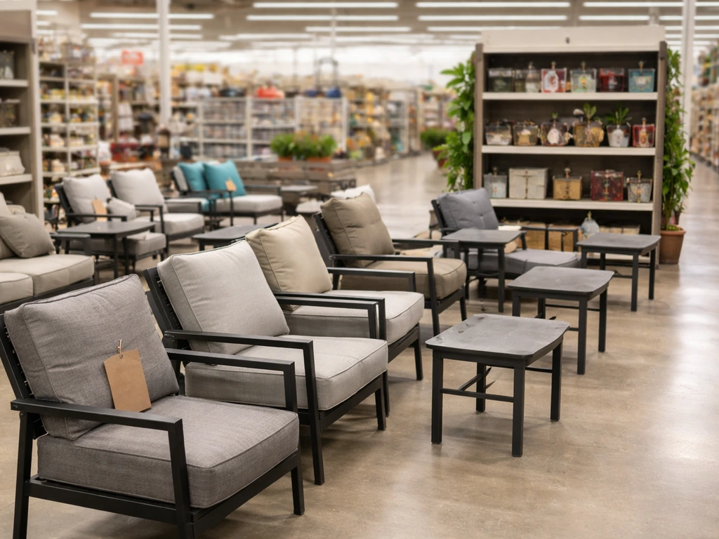 End-cap display of clearance patio furniture in a store aisle with hanging price tags, no people.