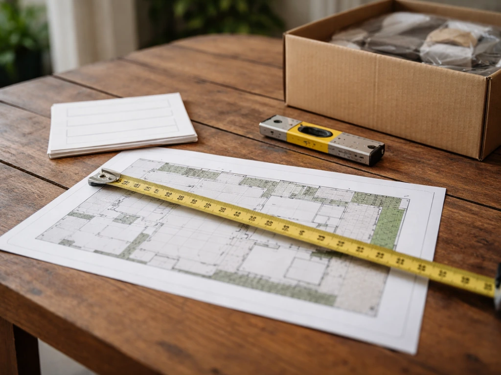 Measuring tape over a patio plan with a blank checklist card and tools next to a boxed patio set.