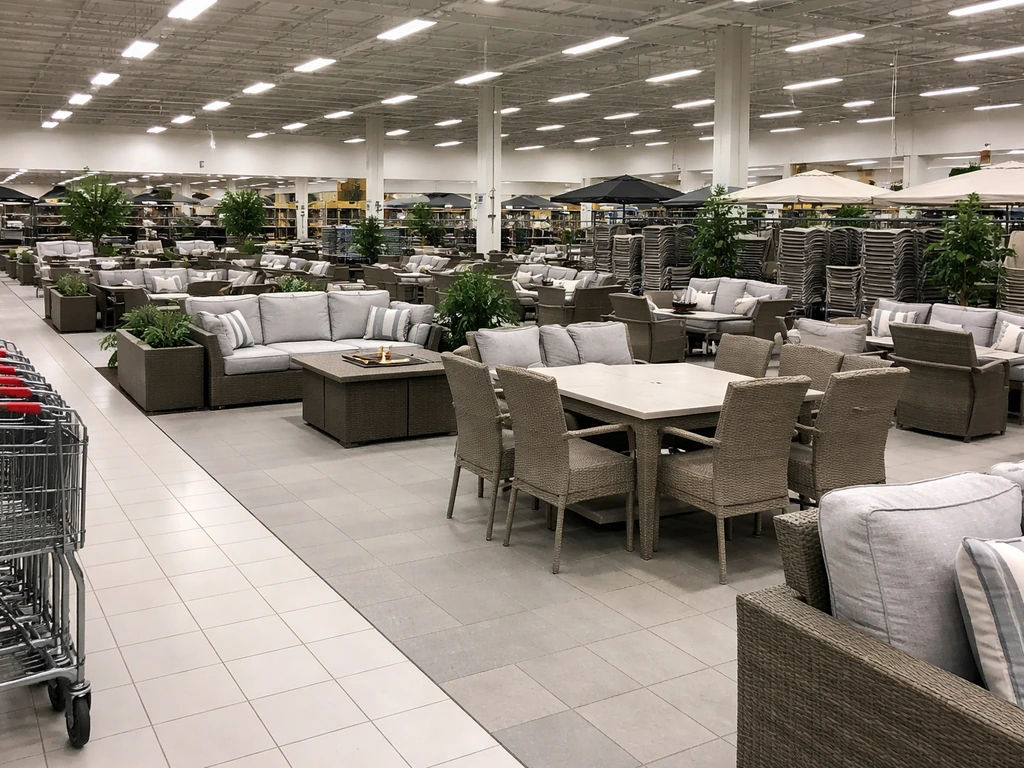 Wide view of a Canadian big-box store’s patio furniture display with curated outdoor sets