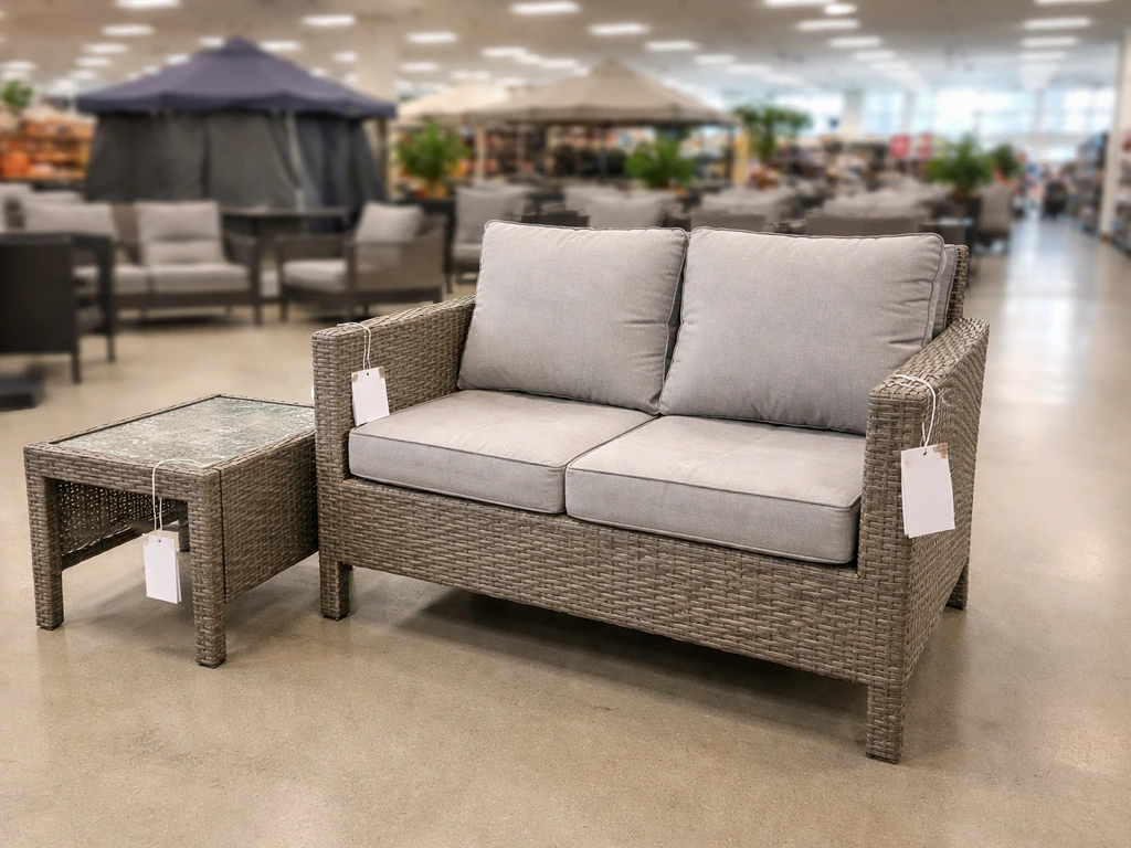Patio furniture set at a retailer with clearance tags and a seasonal tent in the background