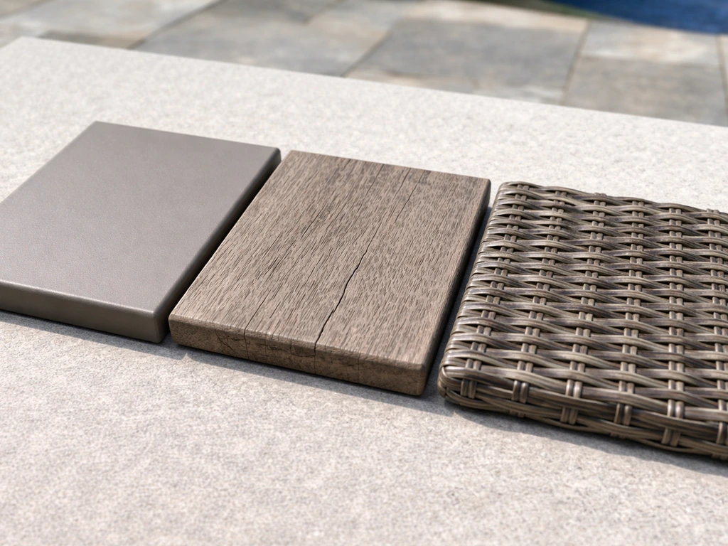Side-by-side close-up of outdoor furniture material samples: powder-coated aluminum, wood, and resin wicker.