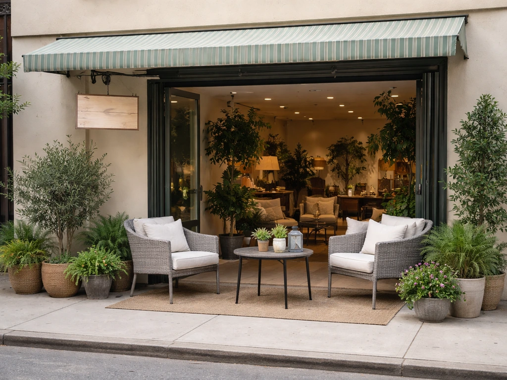 Minimal storefront of an authorized patio furniture dealer with outdoor display area in view.