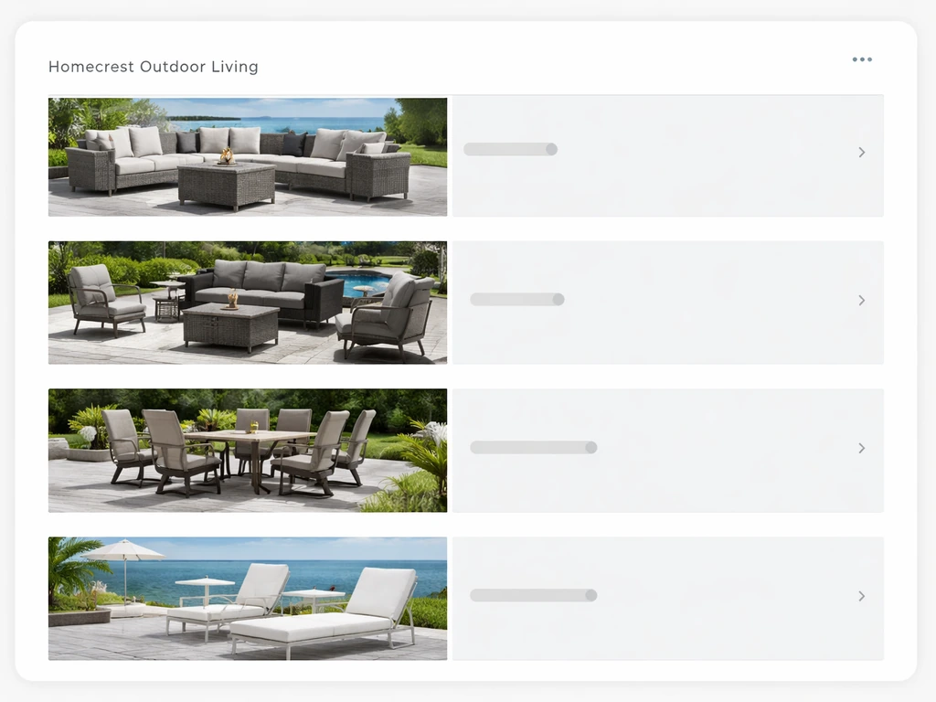 Close view of a web product listing showing Homecrest Outdoor Living outdoor furniture items.