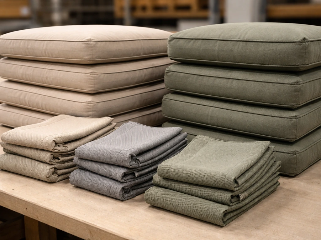 Stacked patio cushions and sling fabric pieces arranged for replacement parts in a warehouse setting.