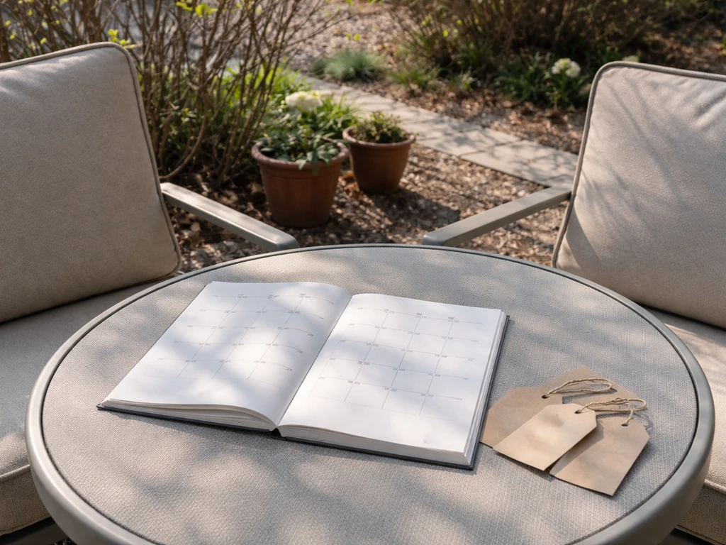 Patio furniture on a table with a blank calendar page and plain sale tags indicating late-winter to spring timing.