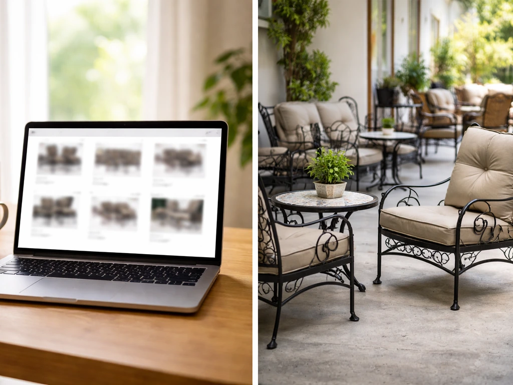 Split scene showing online browsing on a laptop beside a local showroom display of wrought iron patio chairs.
