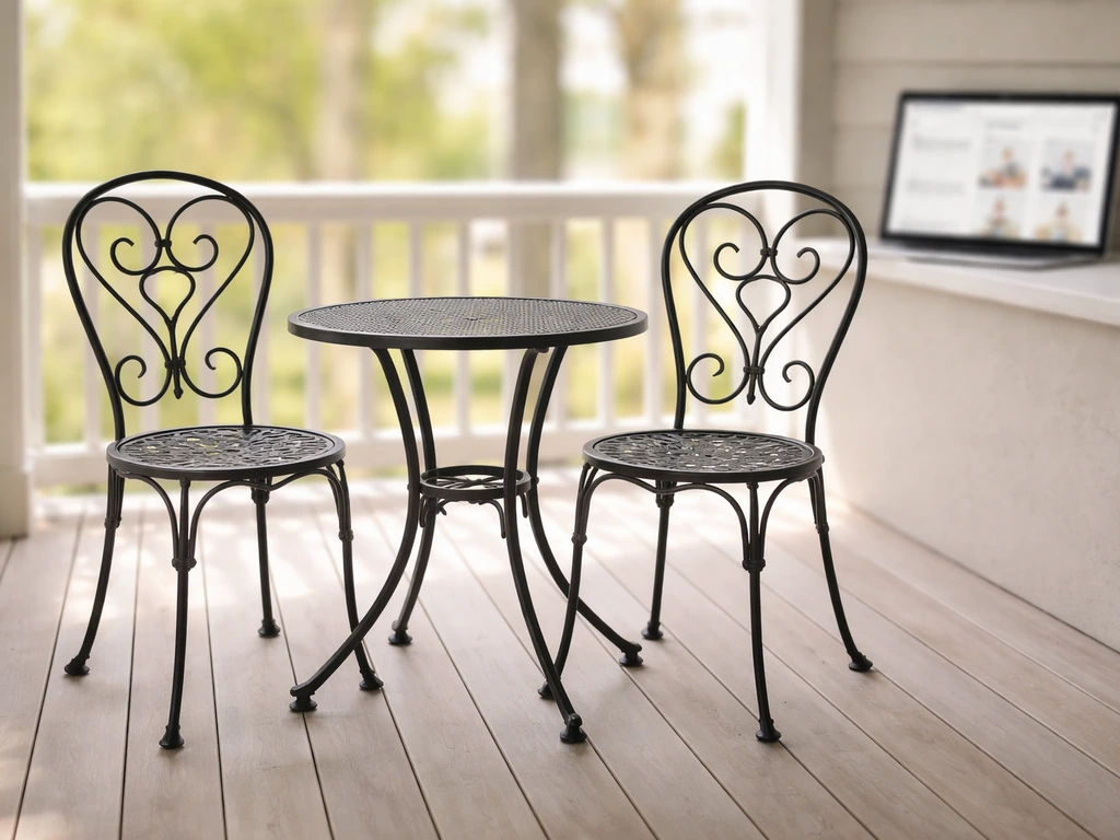 Wrought iron patio set on a simple porch with a shopping-style retailer webpage blurred behind