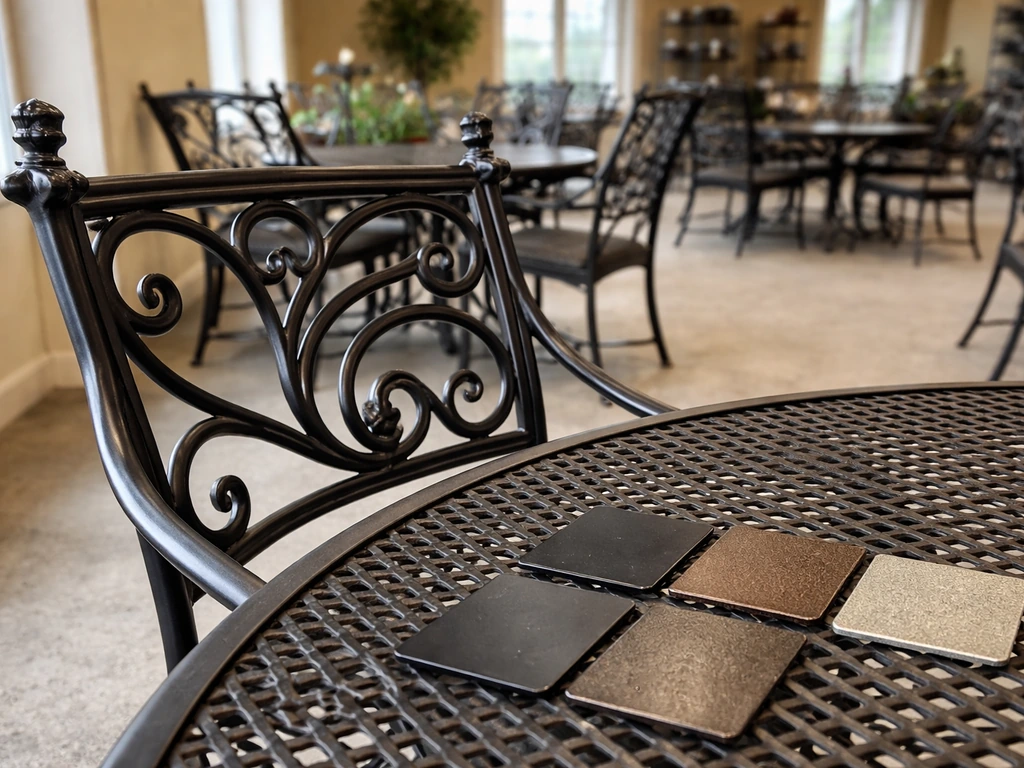 Close-up of wrought-iron patio furniture in a showroom, highlighting scrollwork and finish samples.