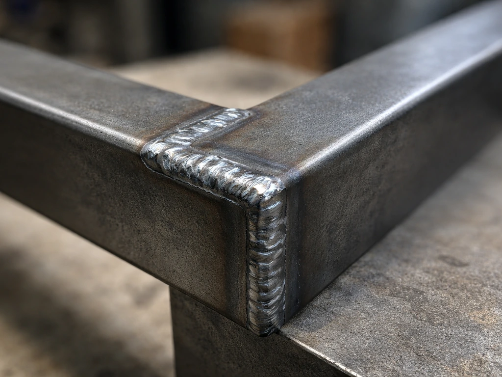 Close-up of a heavy welded wrought-iron frame joint showing thick metal texture and rust-protection finish