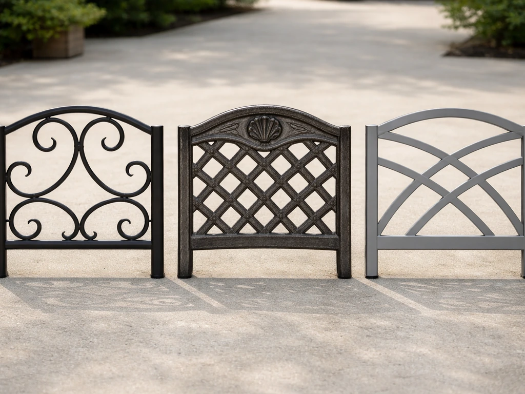 Three metal patio chair backs—wrought iron, cast iron, and aluminum—shown side by side for comparison.