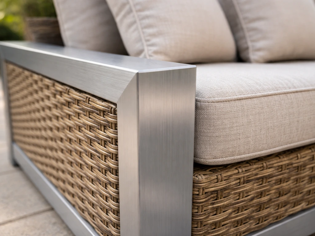 Close-up of weather-resistant patio furniture materials: aluminum frame, woven wicker, and treated fabric cushions.