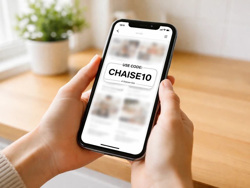 Phone screen with a visible active coupon code and short expiration/terms line, held in a bright kitchen.
