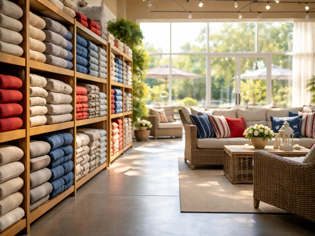 Outdoor patio furniture showroom aisle staged for a summer holiday sale window.