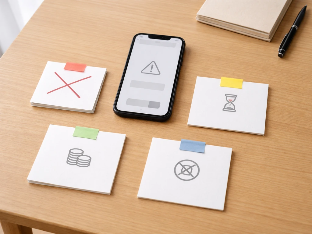 Minimal 2x2 grid on a table: phone with blank error screen and four code-failure scenario cards.