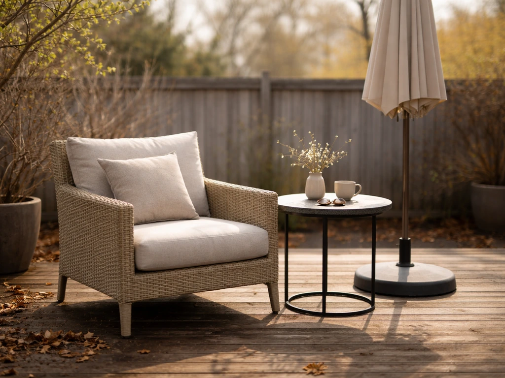 Minimal outdoor patio with empty chair and table, seasonal lighting suggesting deals in late spring and summer.