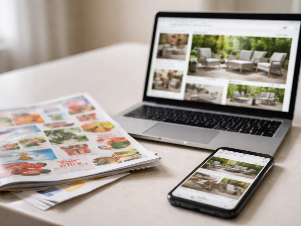Close-up of a weekly retail ad mailer next to a laptop showing an outdoor furniture webpage.