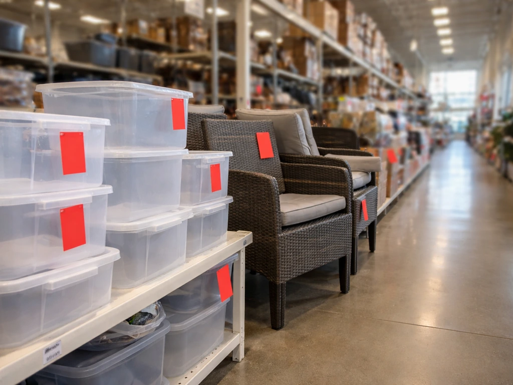 Open retail clearance aisle with stacked patio furniture and marked-down items in bins