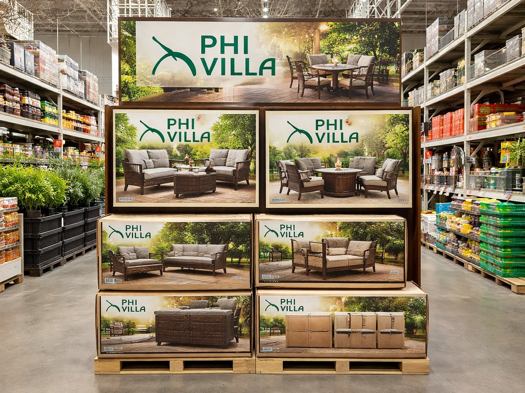 Home Depot aisle end-cap display with Phi Villa patio dining and conversation set merchandise signs.