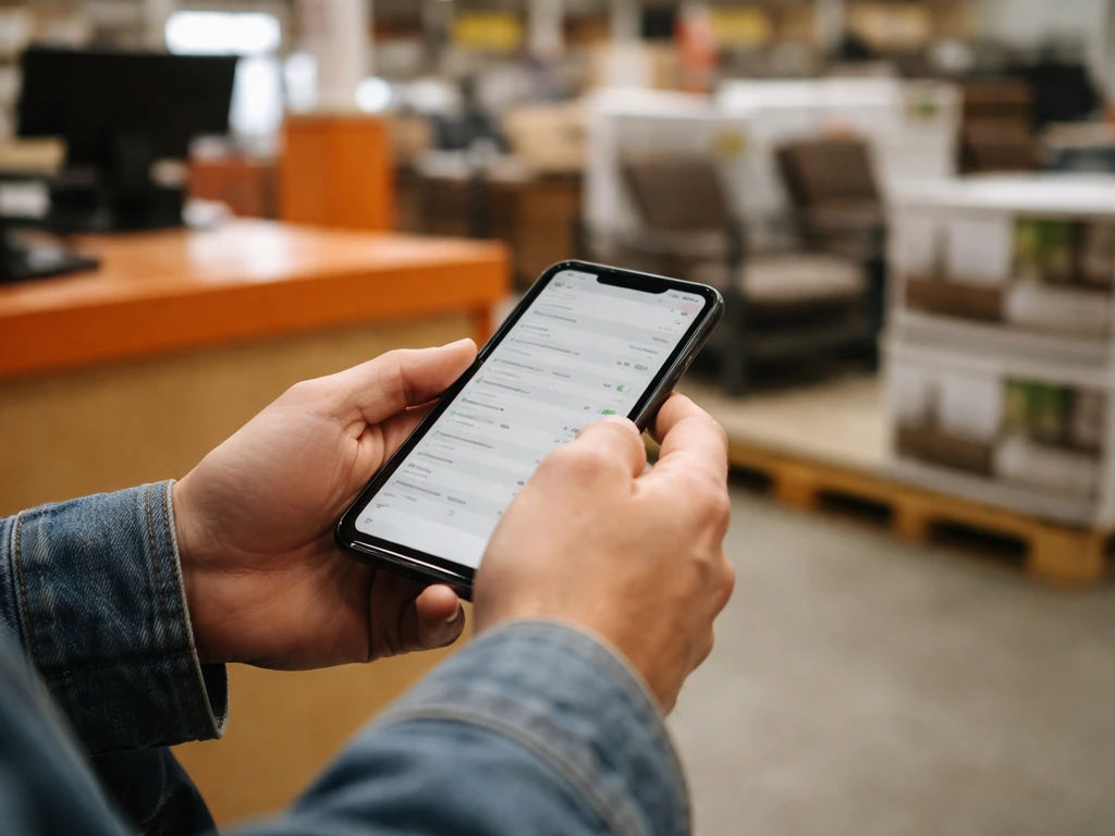 Hands using a phone at a home improvement store pickup counter to check local in-stock availability.