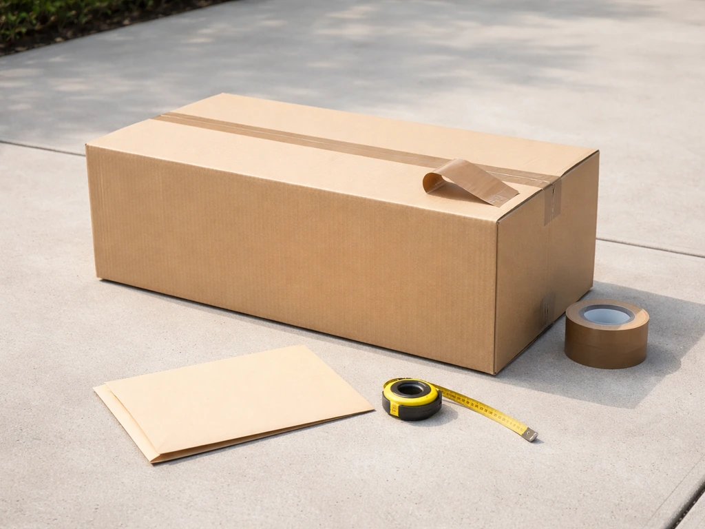 Minimal photo of a patio furniture delivery box with tape, a measuring tape, and a return label envelope