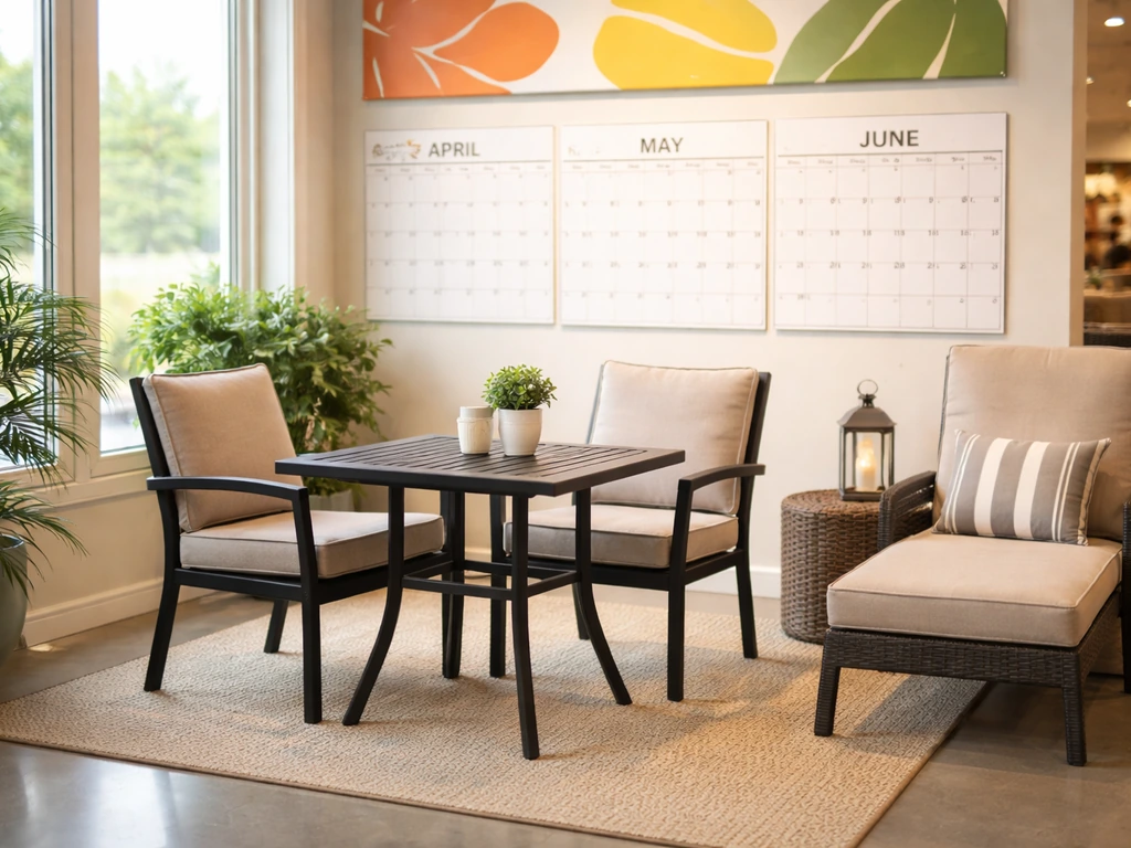 Patio furniture set on a store floor with spring/early-summer sales signs and an April–June calendar