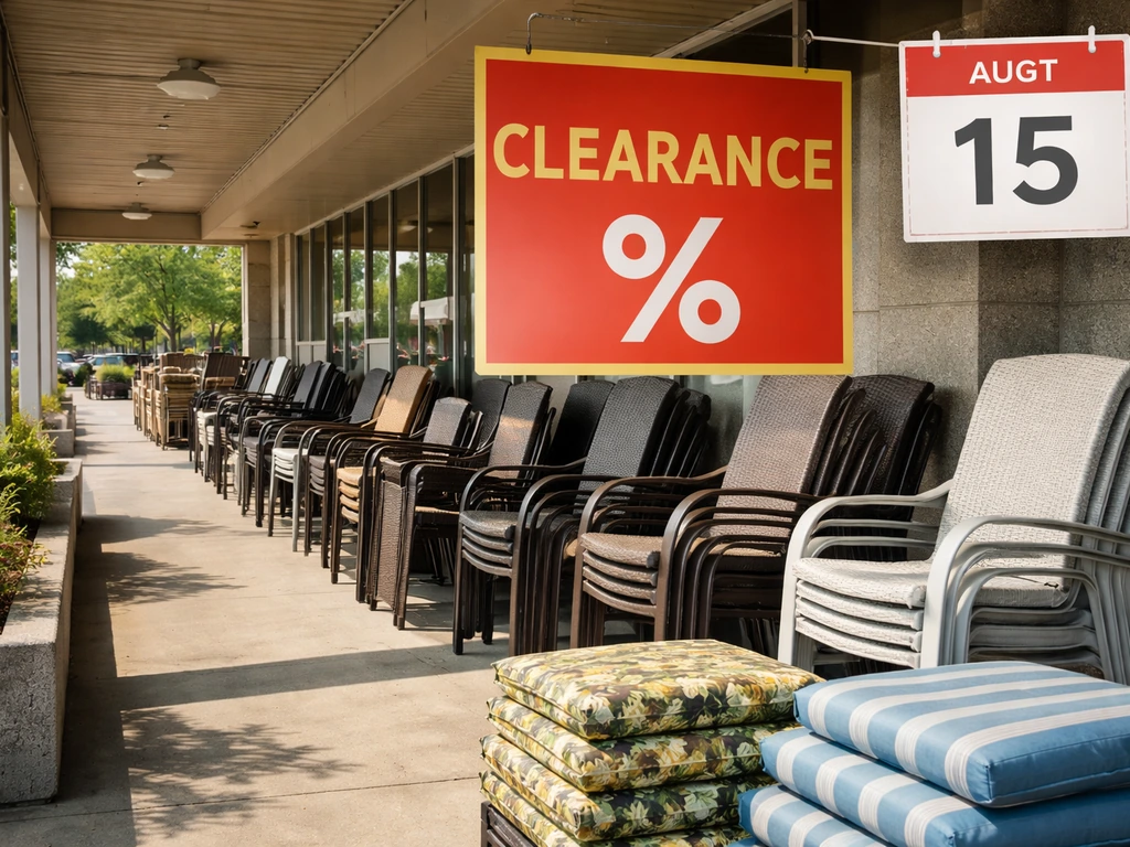 Stacked patio chairs in an outdoor store clearance aisle with percent-off signage and a mid-summer date overlay.