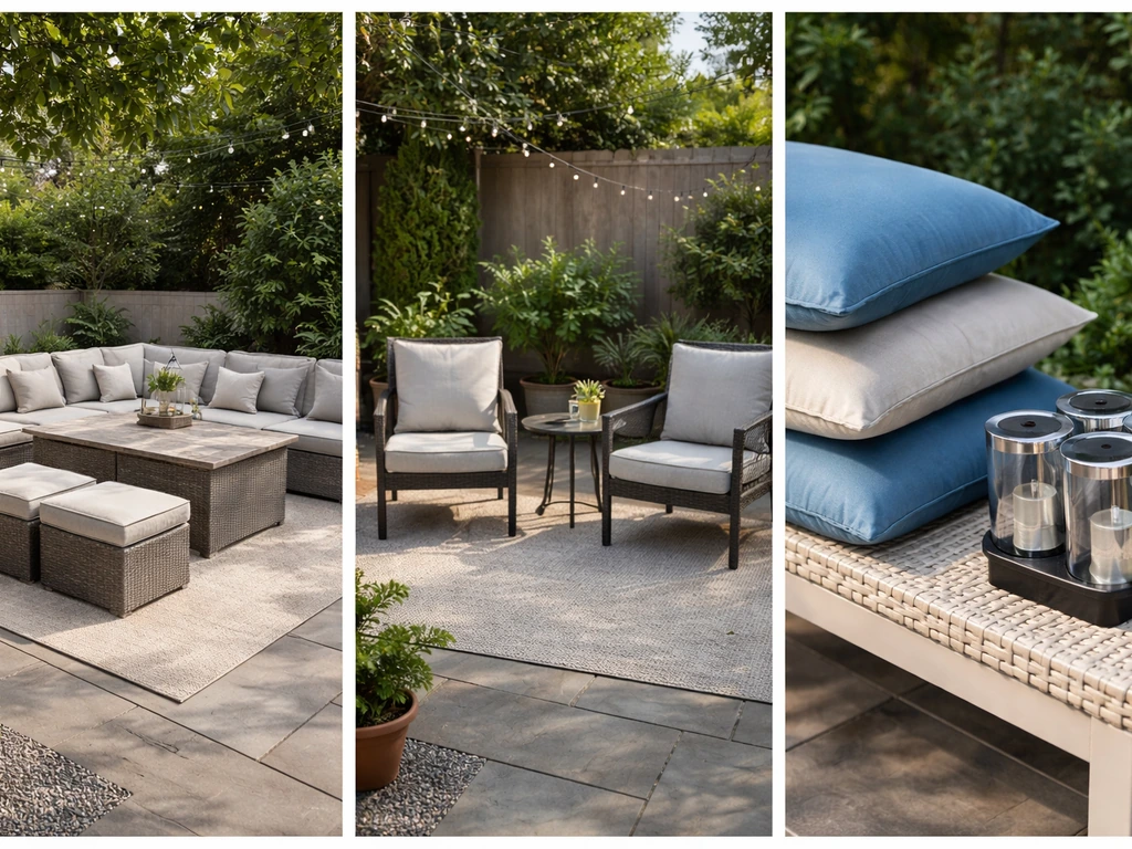 Three side-by-side patio shopping scenarios: large set, compact seating, and cushions with solar lights.