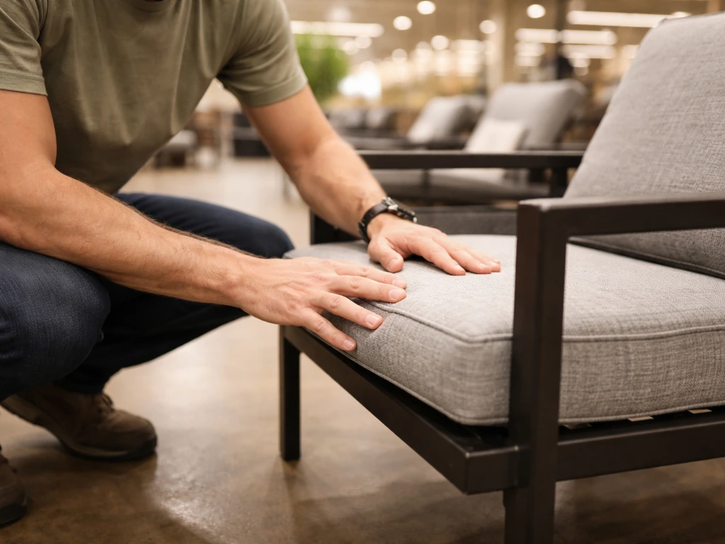 Shoppers inspect patio furniture on a showroom floor, feeling cushion thickness and checking chair joints.