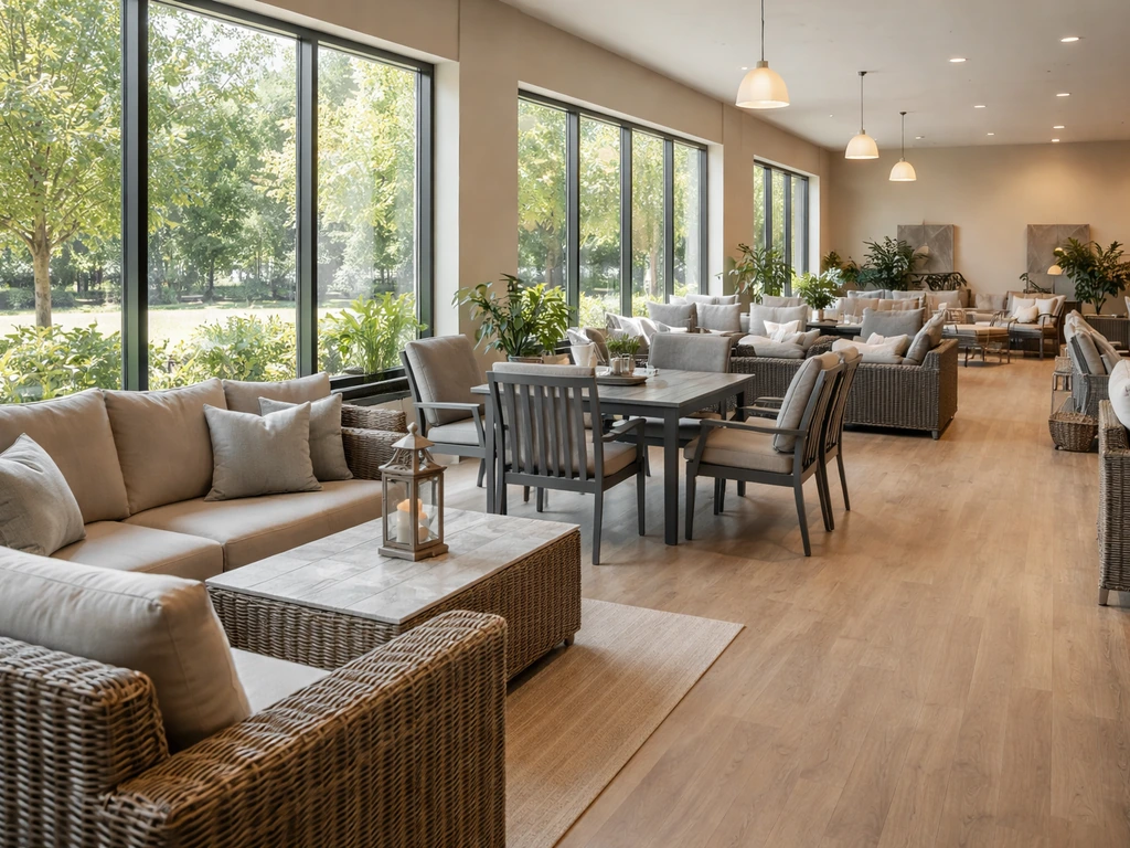 Clean showroom interior with neatly arranged outdoor furniture sets under natural daylight