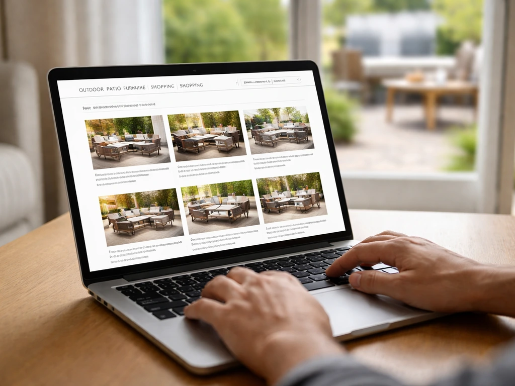 Hands shopping on a laptop showing an outdoor patio furniture page with delivery and returns details.