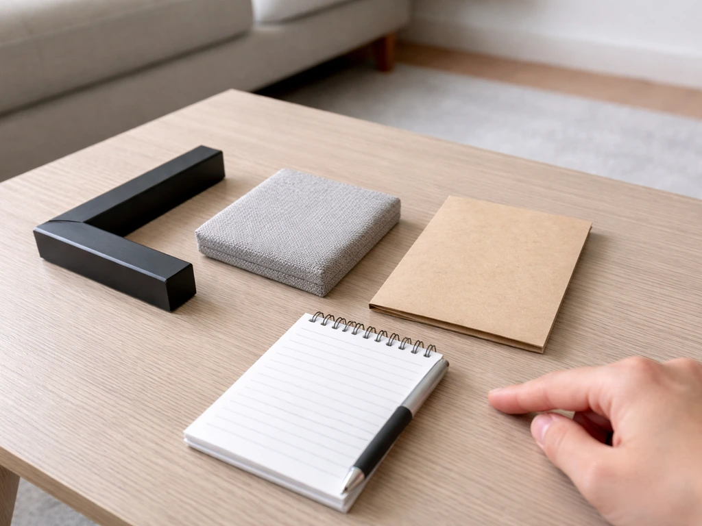 Table with a notepad and furniture samples for comparing frame, cushions, materials, and warranty
