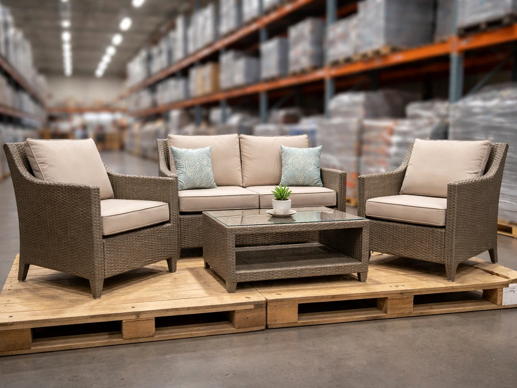 Outdoor patio wicker conversation set displayed on a wooden pallet in a warehouse club aisle