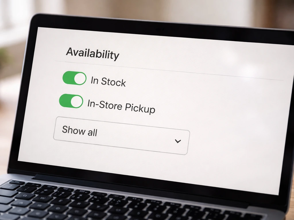 Close-up of a laptop screen showing an in-stock and in-store pickup filter panel with dropdowns