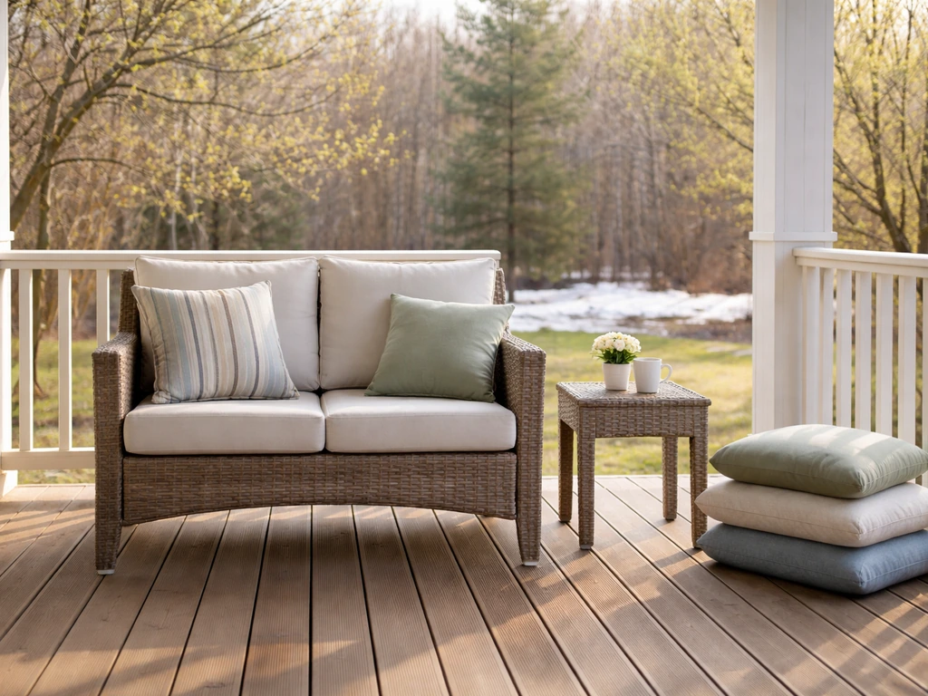 Minimal photo of a patio set on a sunlit porch with seasonal cues suggesting a month-by-month furniture sale cycle.