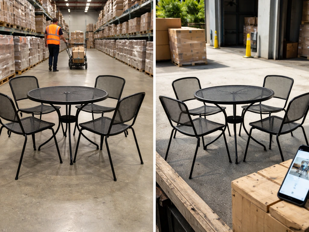 Same patio set shown in a warehouse aisle and beside a smartphone showing an online price, no readable text.