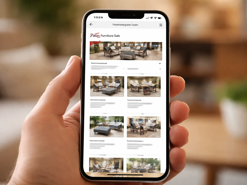 Phone screen showing a holiday patio offers page on Costco.com with patio furniture listings