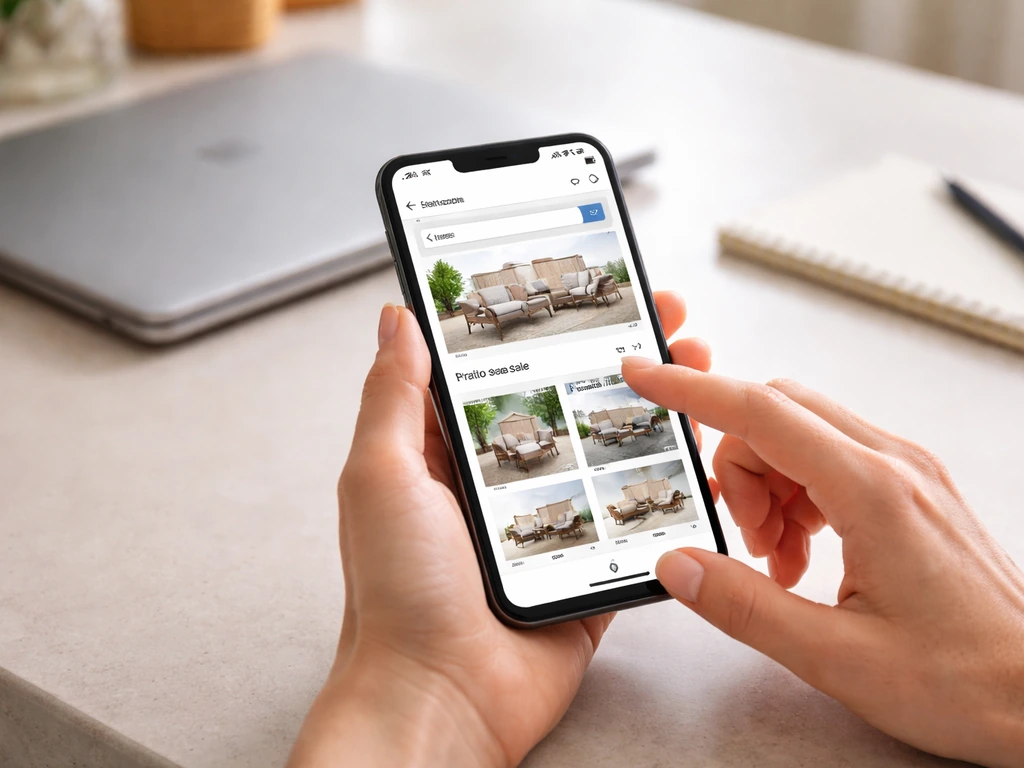 Hands on a phone at a kitchen table navigating an online shopping site for patio offers.