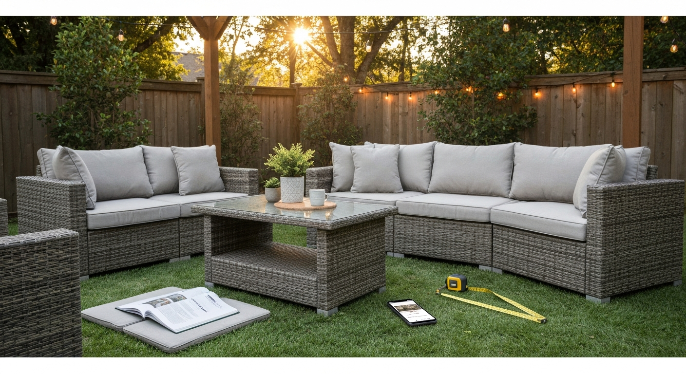 Backyard patio with a 4-piece wicker conversation set, neutral cushions, smartphone and tape measure on the coffee table suggesting shopping and measurement.