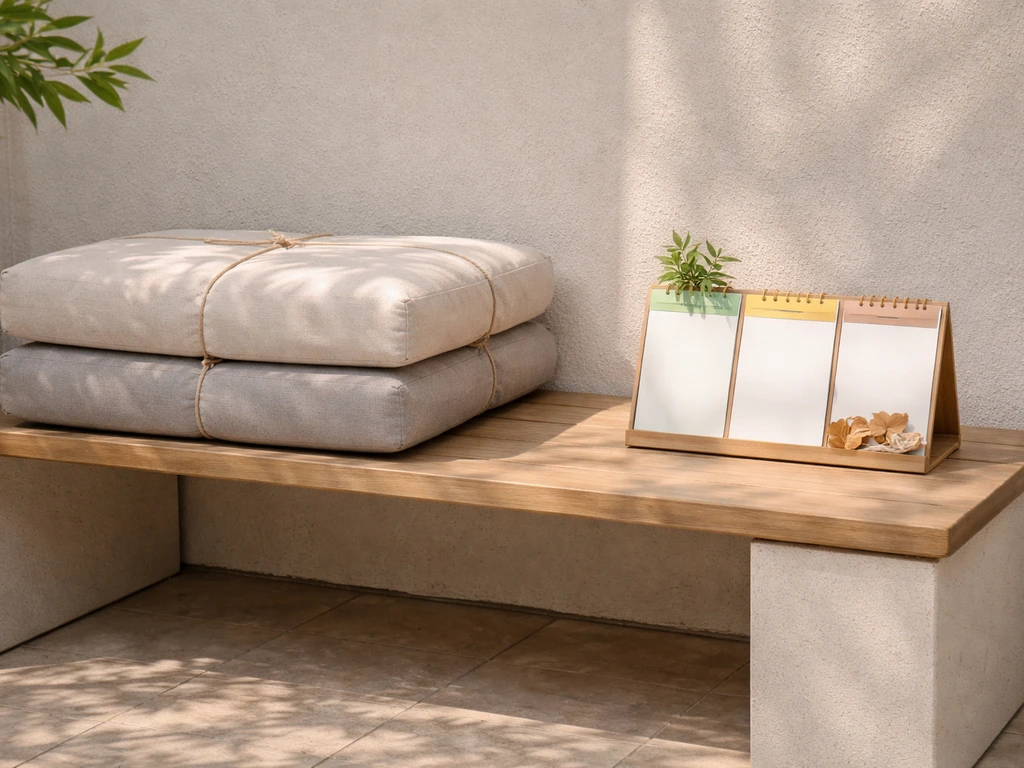 Minimal calendar-style view of spring, summer, and fall themes for outdoor furniture sale timing
