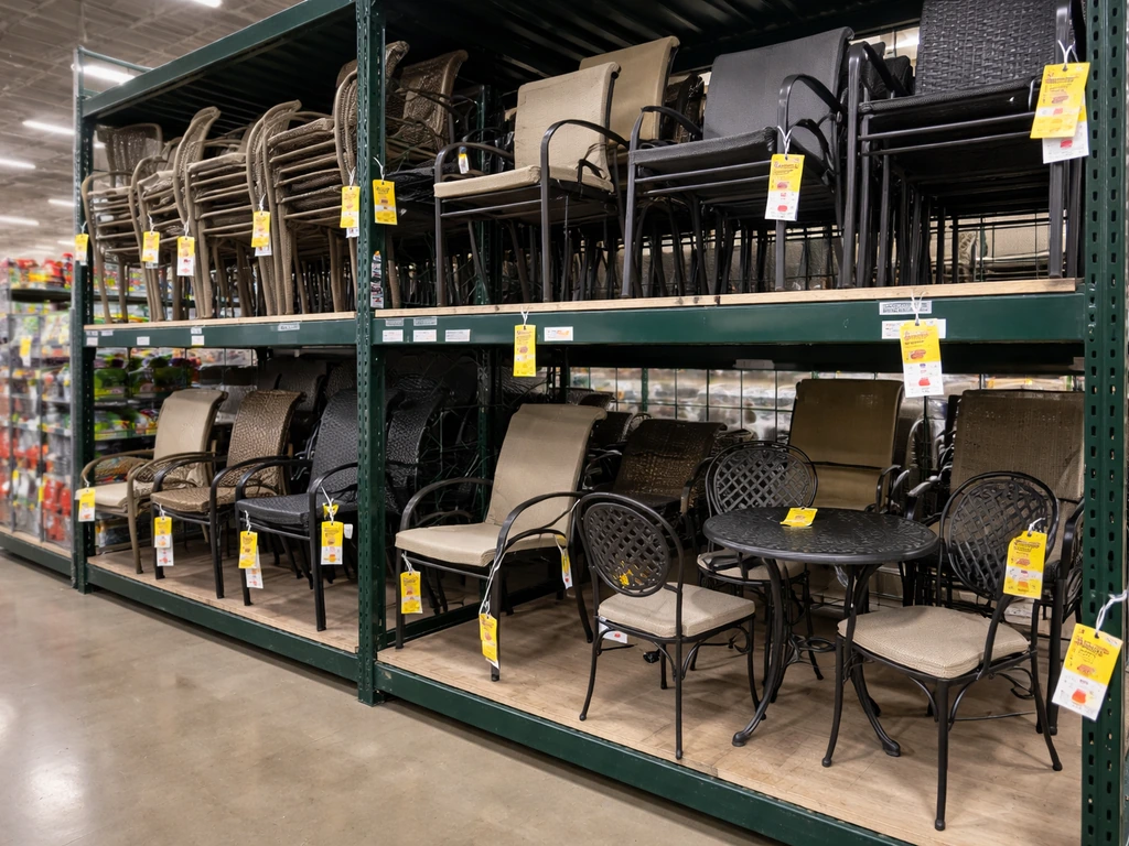 In-store patio furniture clearance rack with hanging price tags and stacked chairs in a retail aisle