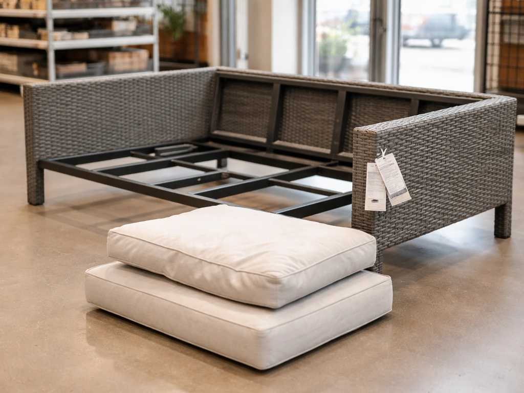 Retail patio furniture display with open-box cushions and frame, small attached condition tags, minimal store setting.