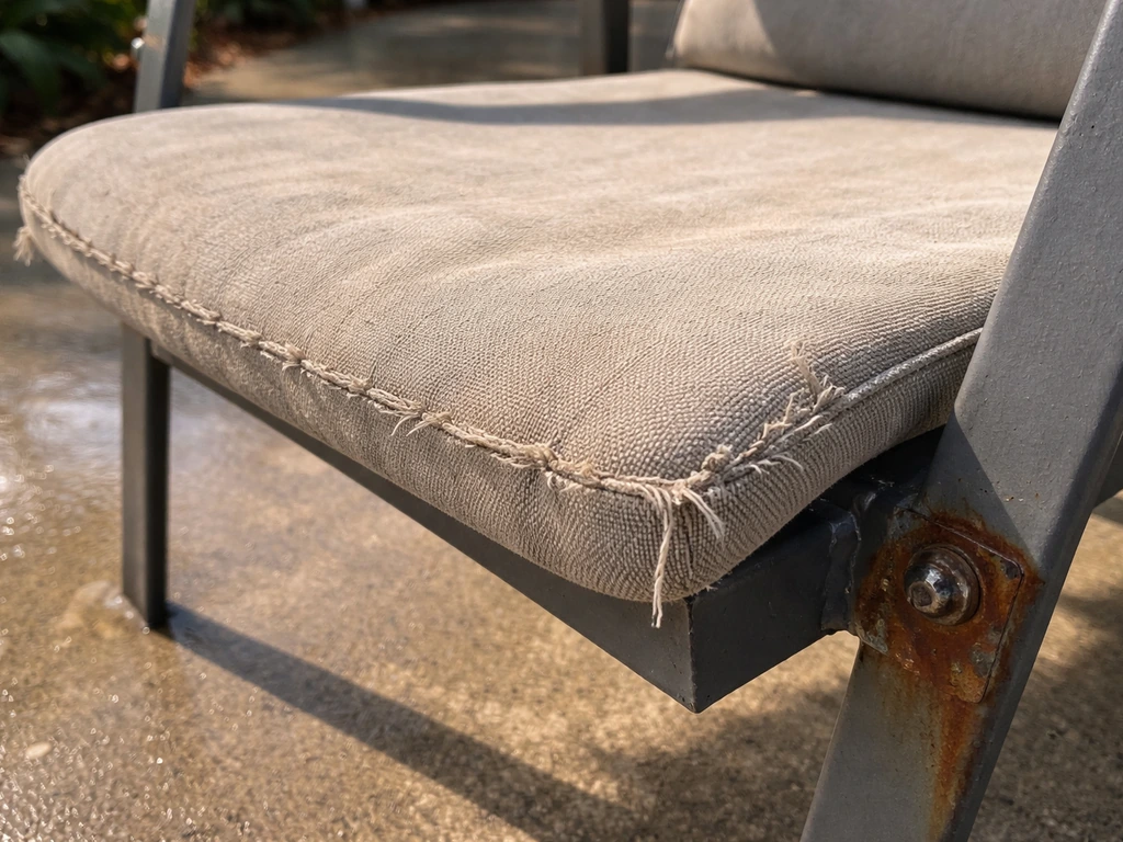 Close-up of weathered outdoor patio fabric fading and rust on metal hardware in humid sun